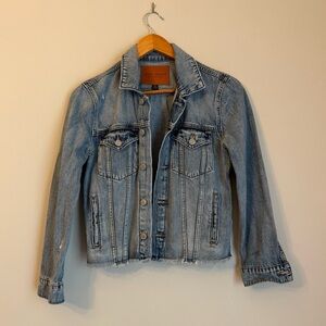 Lucky Brand Jacket Womens Small Blue Denim The Tomboy Trucker Distressed Raw Hem